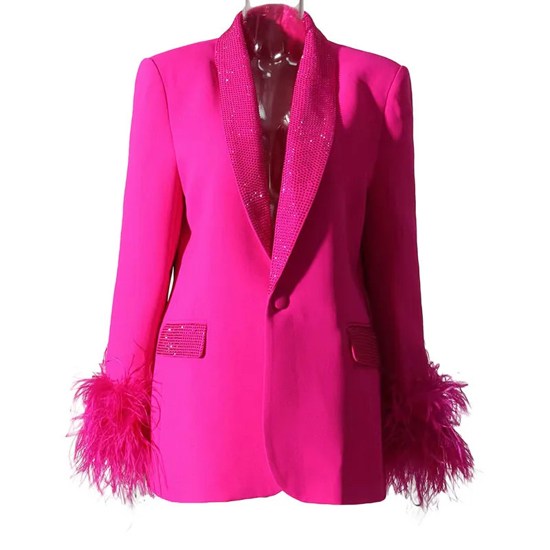 Fashion Splicing Feather Women Blazers Pant Sets Casual Single Button Long Sleeve Loose Jacket Coat Female Solid Blazer Top 2930 241214