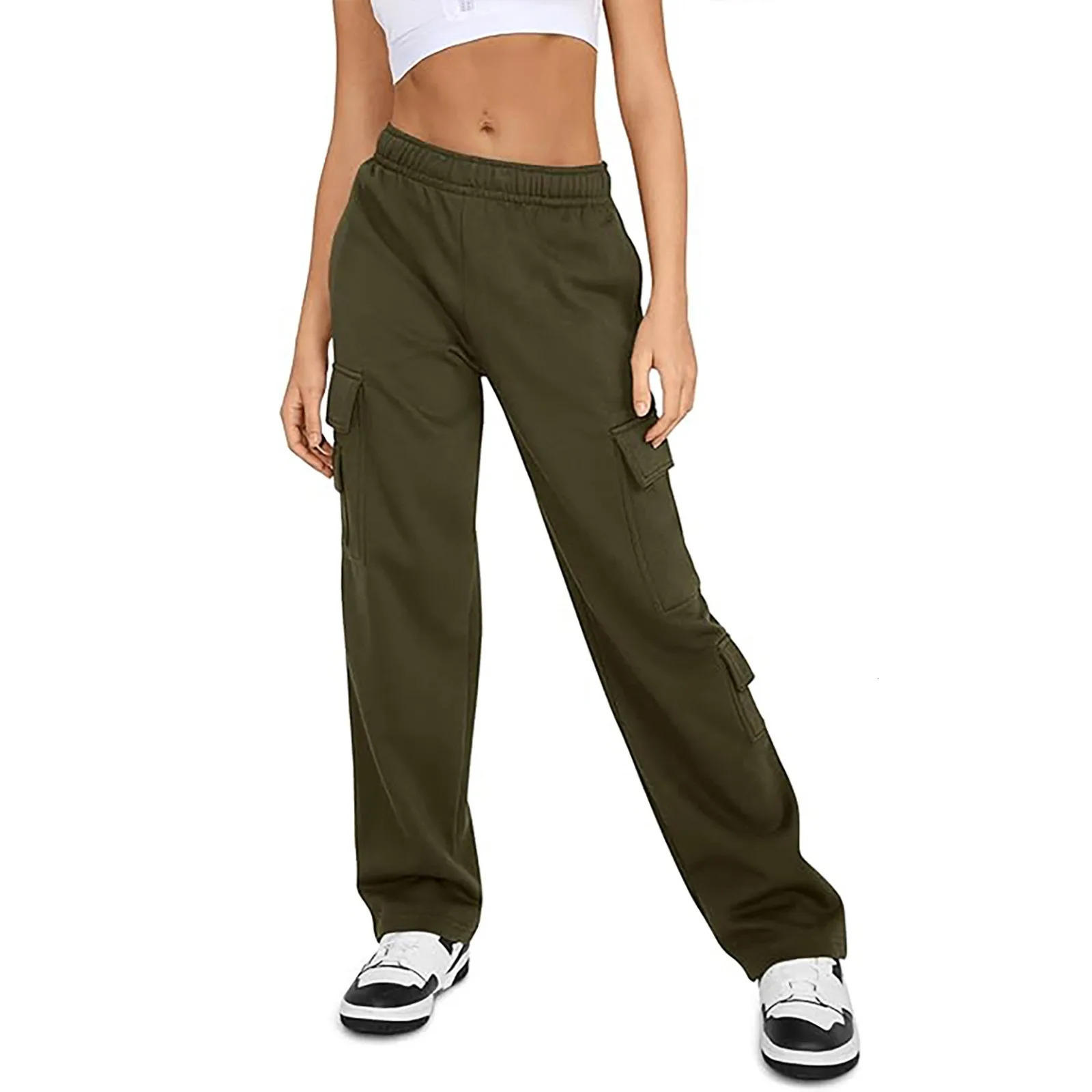 Fall Winter Womens Cargo Casual Pants Baggy Wide Leg Fleece Lined Sweatpant High Waisted Joggers Trouser With Pockets 241212