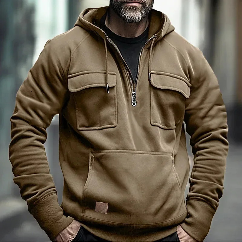 Half Zipper Mens Tactical Hoodies Solid Warm Fleece Military Sweatshirts Multi Pockets Male Hooded Jackets Thick Outdoor Polar 241214