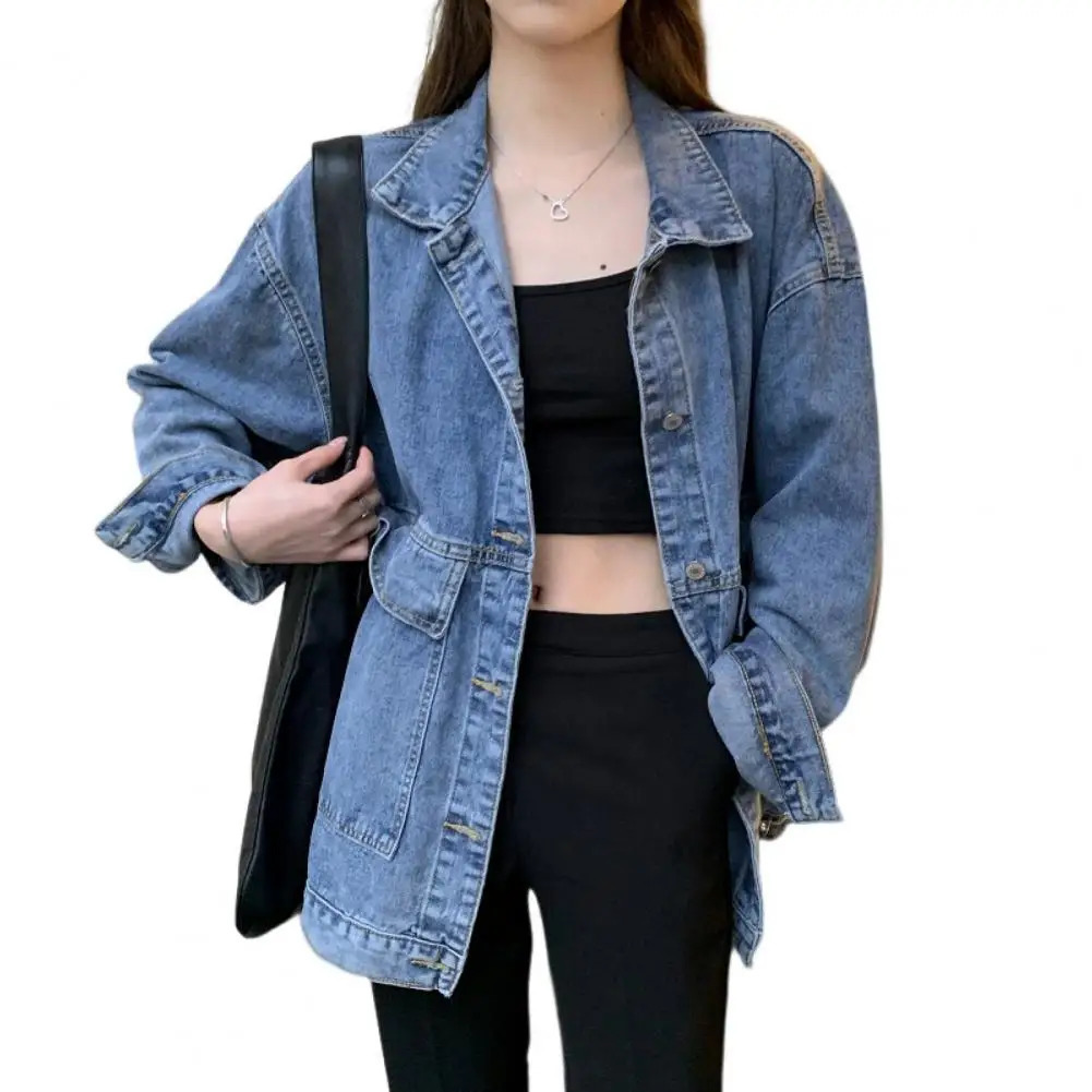 Womens jacket washed denim single breasted open button warm long sleeved shirt lapel womens coat clothing 241211