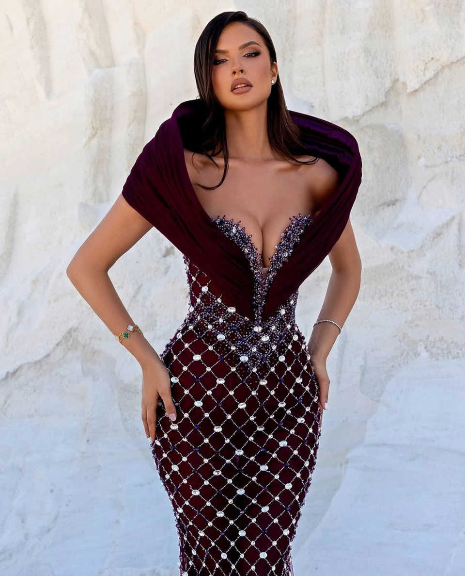 Arabic Purple Sequined Lace Mermaid Evening Dresses Off Shoulder Sheer Crystal Beading Formal Prom Gowns