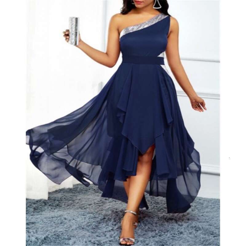 Summer European and American Single Asymmetric Hem Slant Shoulder Dress 2024 New Casual Versatile Fashion Clothing