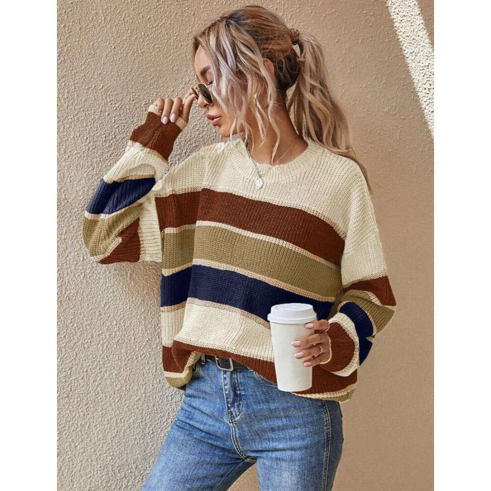 European American Foreign Trade And Winter Round Neck Sweater Women's Lazy Loose Classic Striped Long Sleeved Clothes Autumn Women