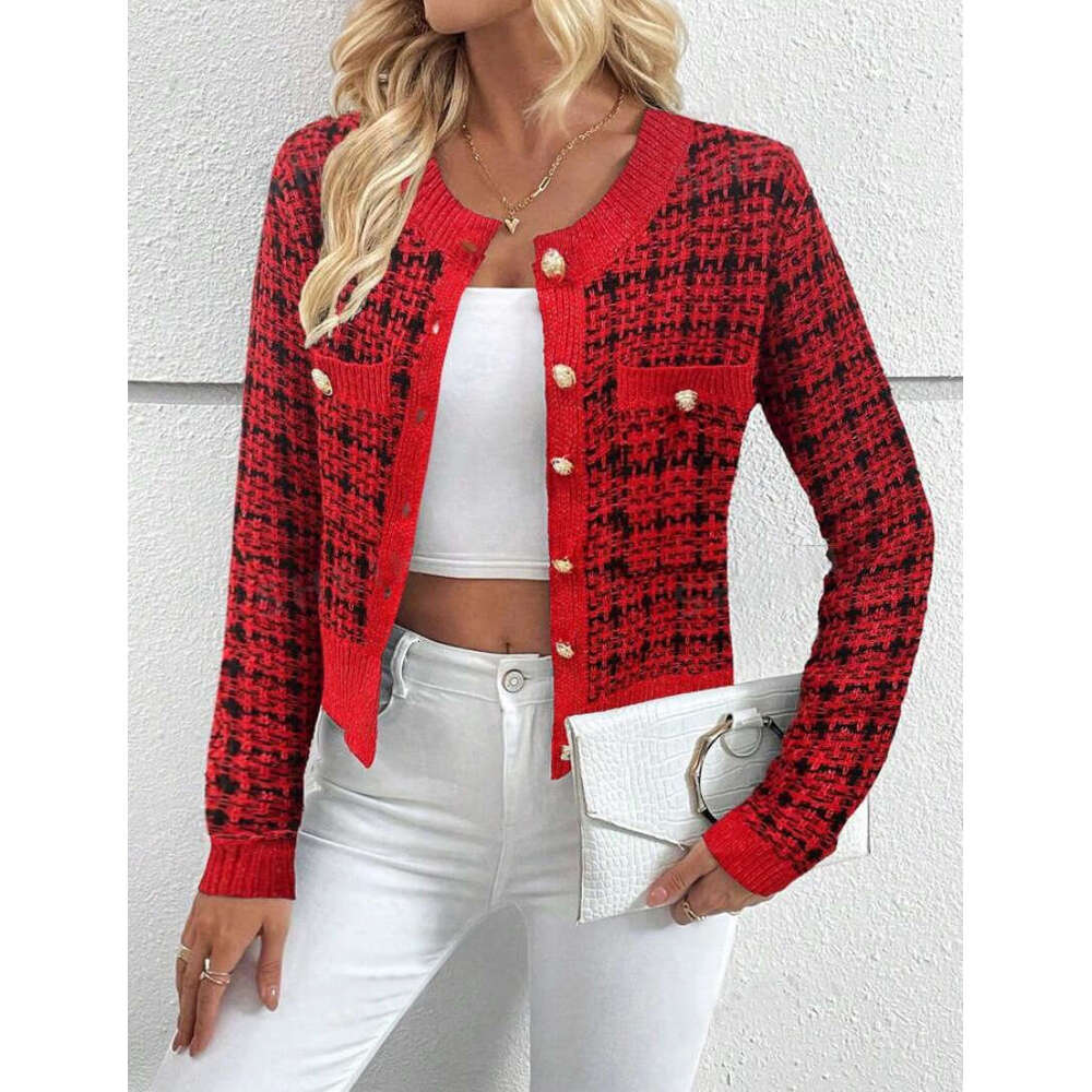 European And American Checkered Pattern Clothes, Autumn Women's Front Button Cardigan, Fashionable Quality, Classic