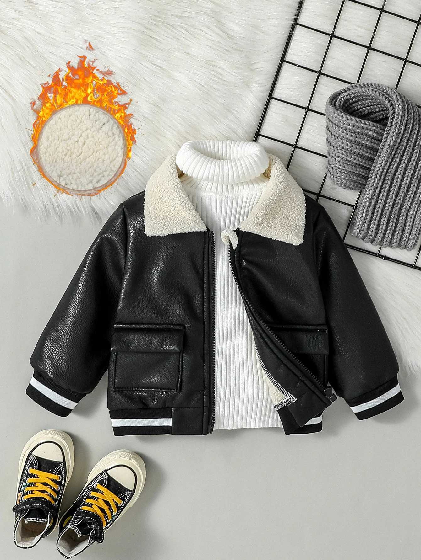 2024 Baby Boys New Outdoor Leisure Windproof Pu Jacket With Pocket Autumn Winter Plus Fleece Thickened Leather Fashion JacketXJ241214