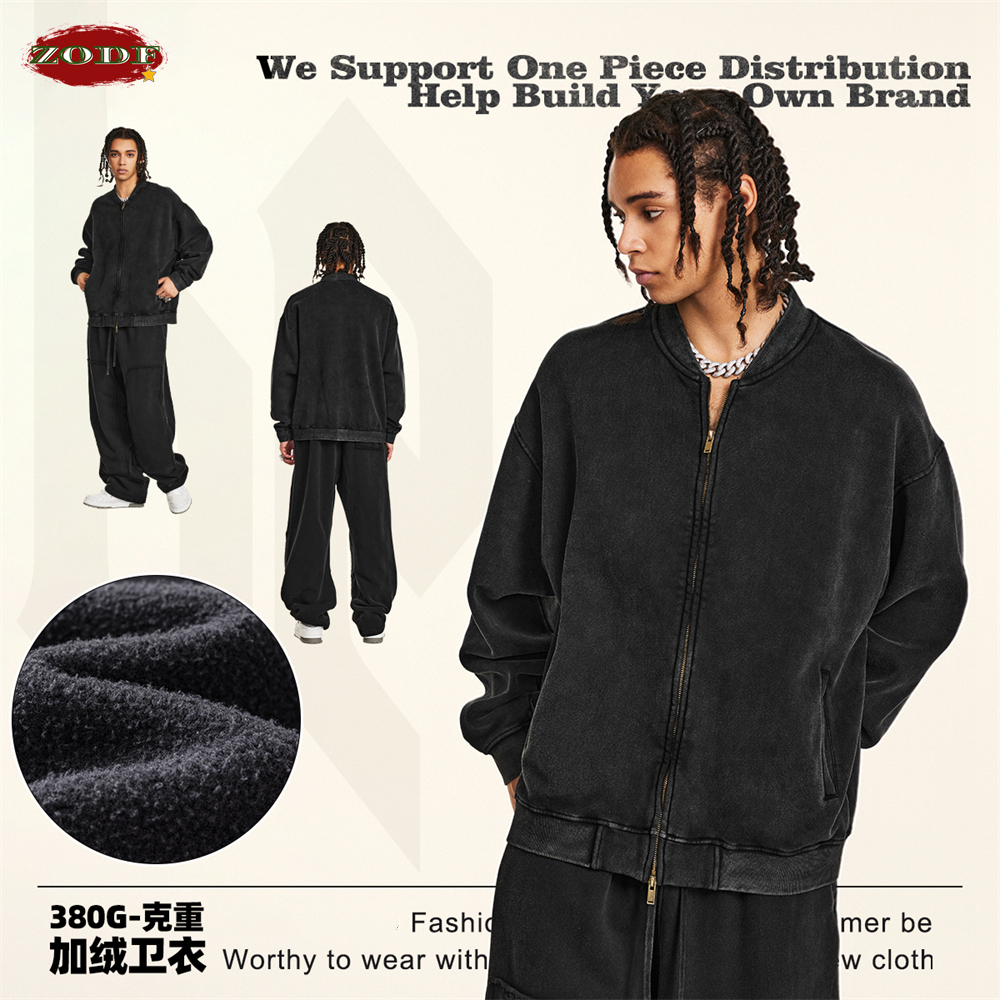 Retro Winter Washed Black Fleece Jackets For Men Unisex Oversized 332Gsm Zipper Coats Hoodie Outwears