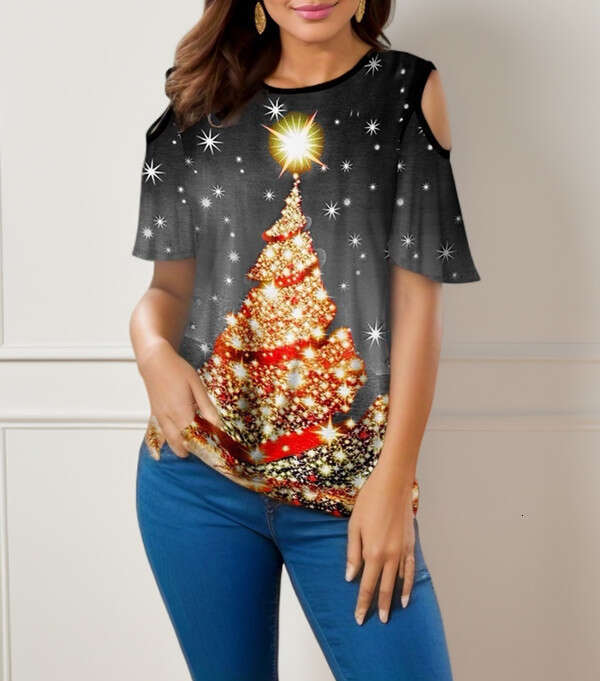 Summer Hot Selg Popular Christmas Tree Printed Round Neck Loose Short sleeved T-shirt 2024 Versatile New Trendy Clothing Ins