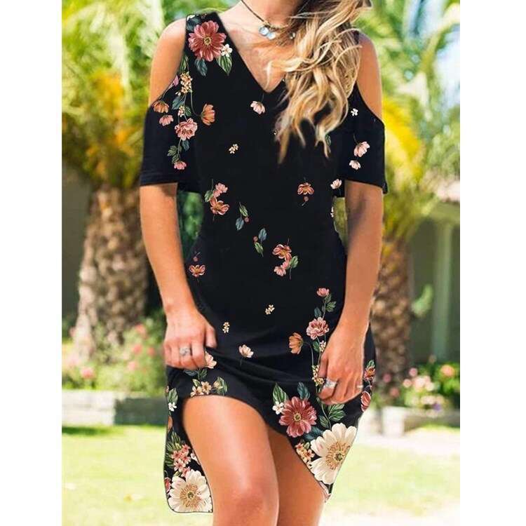 Women's V-neck off shoulder printed short sleeved dress with 2024 versatile temperament, new trendy clothing ins
