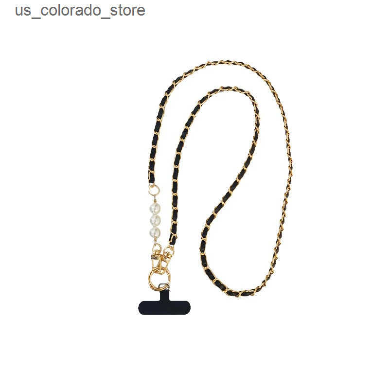 Cell Phone Cases Phone Lanyard Womens Long Leather Woven Metal Chain With Pearl Phone Case Universal Phone Lanyard Diagonal Cross Bag Decoration L2409