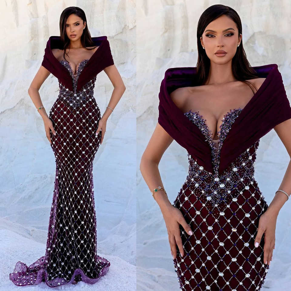 Arabic Purple Sequined Lace Mermaid Evening Dresses Off Shoulder Sheer Crystal Beading Formal Prom Gowns