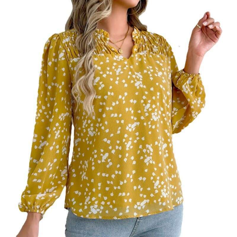 European And American Spring/Summer New Women's Commuting Top V-Neck Long Sleeved Polka Dot Printed Pleated Shirt