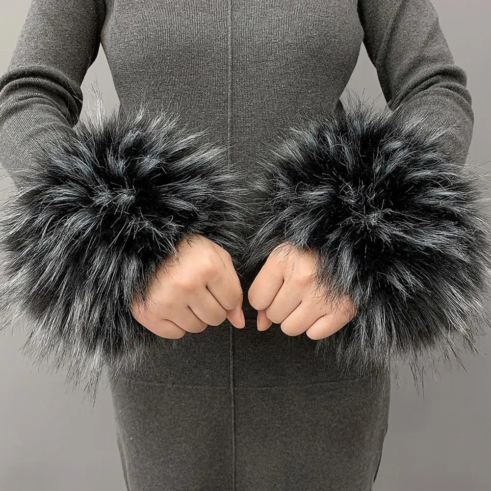 Womens artificial fur cuff wristband winter warm arm raccoon sleeve glove wrist fluffy 241212