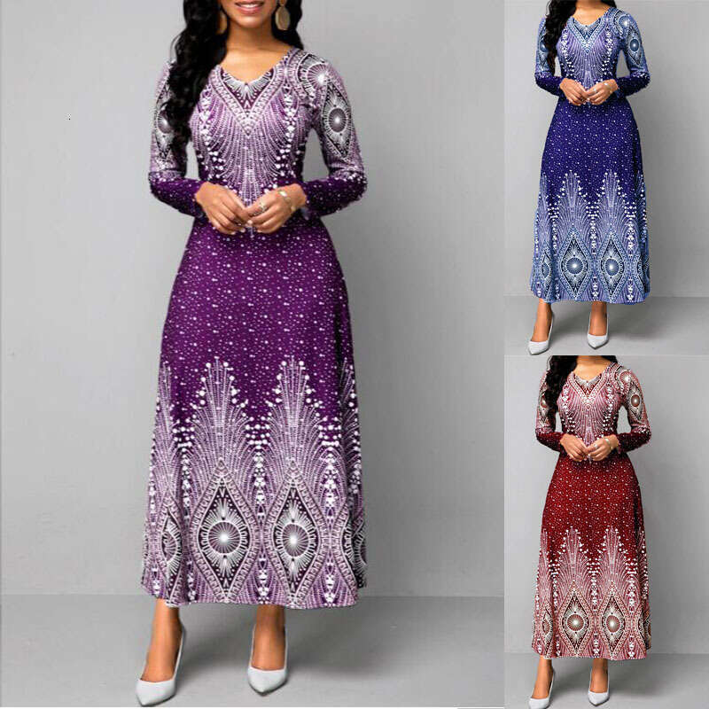 European American V-neck retro printed long sleeved Maxi dress Spring Autumn women's source 2024 new style chic and elegant clothing