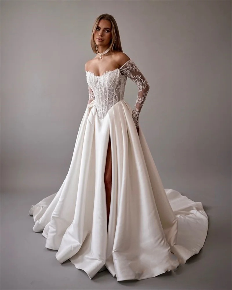 Elegant Bridal Dress Lace Appliques Wedding Off Shoulder Long Sleeves A e Gown Split Side Sweep Train Customized Dresses Vestido De Novia
