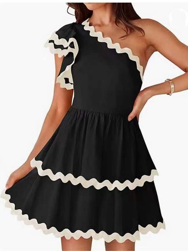Urban Sexy Dresses One Shoulder Dress Casual Summer Contrast Color Ruffle Party Mini Dress for Cocktail Beach Club Streetwear