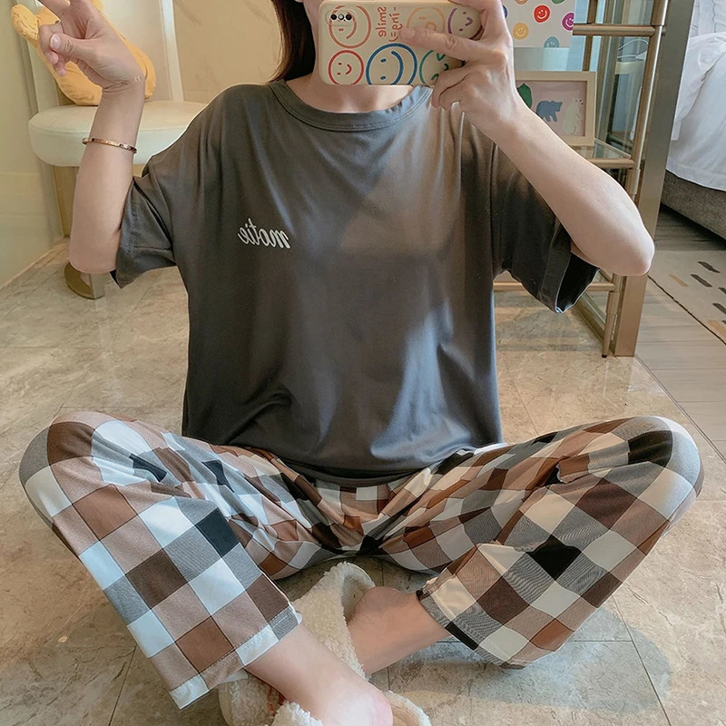 Summer pajama set for girls short sleeved Tshirt plain weave pants sweet home women casual n sleepwear 241212