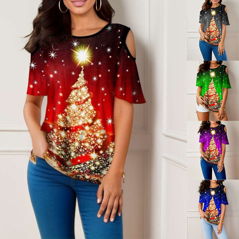 Summer Hot Selg Popular Christmas Tree Printed Round Neck Loose Short sleeved T-shirt 2024 Versatile New Trendy Clothing Ins