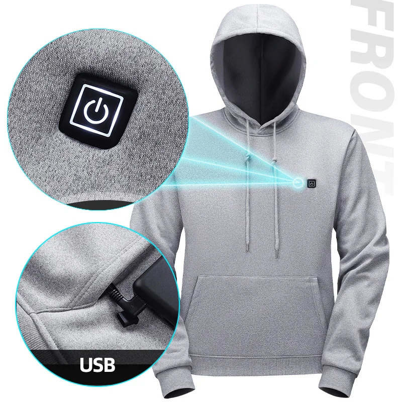 Mens 5-zone hooded sweatshirt with USB charging and electric heating womens jacket wool hiking clothing 241214