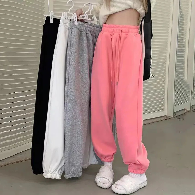 Autumn and winter wool warm sports pants for women solid casual high waisted fully matched drawstring thick harem 241212