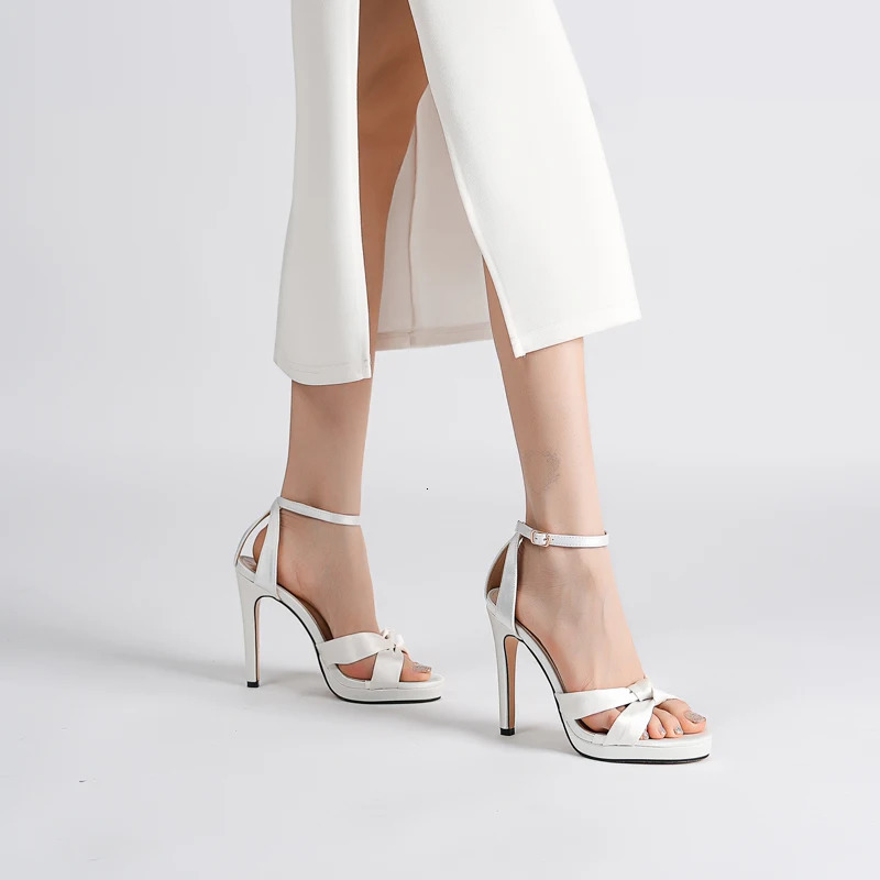2024 White Banquet Silk Sequined Womens Shoes Round Toe Summer platform High Heels Open Back Strap Platform Sandals 241213