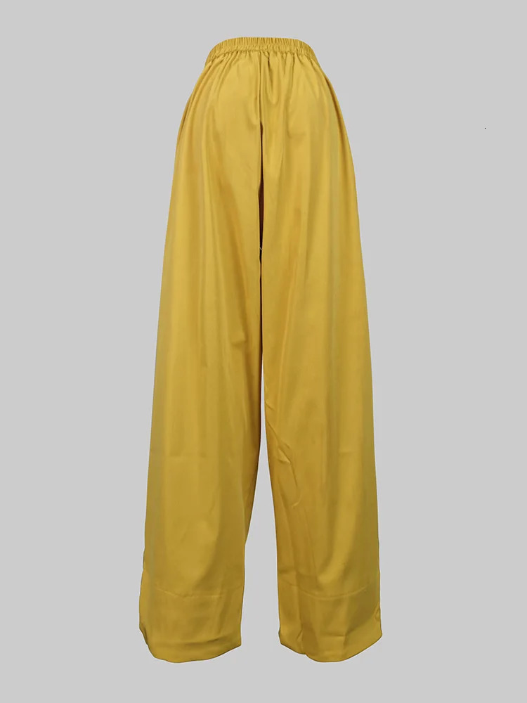 Beautyblue Elegant Womens Sets Yellow Two Piece Set Casual Buttoned Pleated Lapel Blouses Pockets Trousers Female Suit 241212