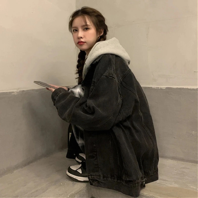 2025 Hooded Denim Jacket Womens Full Sleeve Splicing Loose Jeans 241211