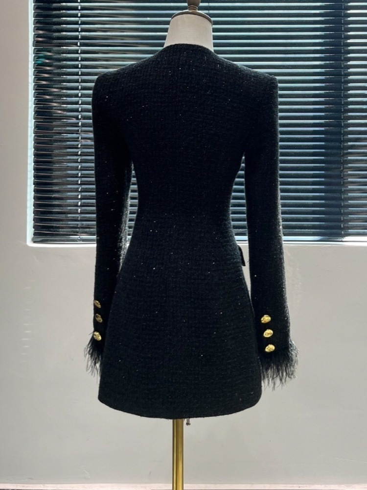 Elegant Black Dress Temperament Office Lady V-Neck Single Breasted Waist Tweed Women's Dresses 2025 New Spring Summer C2985