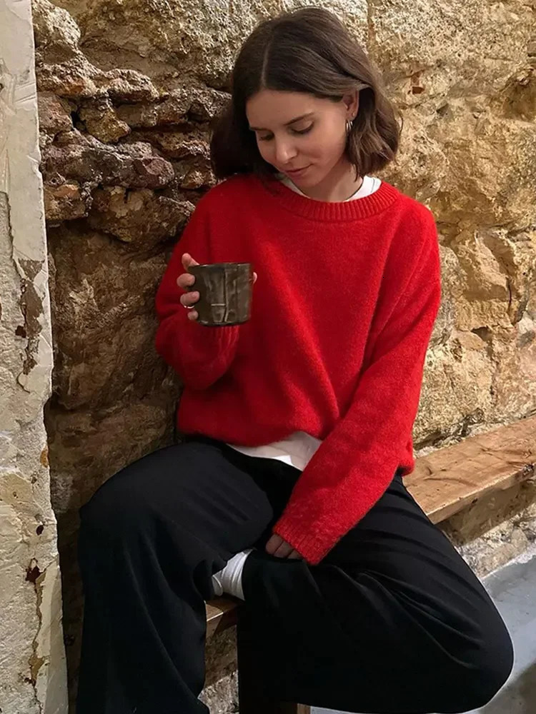 Fashionable red Oneck floral womens sweater elegant long sleeved casual loose knit top 2024 autumn fashion jumper 241211