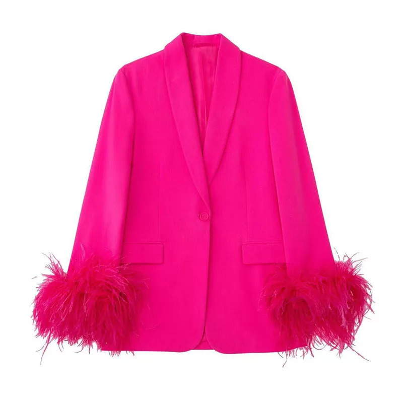 Fashion Splicing Feather Women Blazers Pant Sets Casual Single Button Long Sleeve Loose Jacket Coat Female Solid Blazer Top 2930 241214