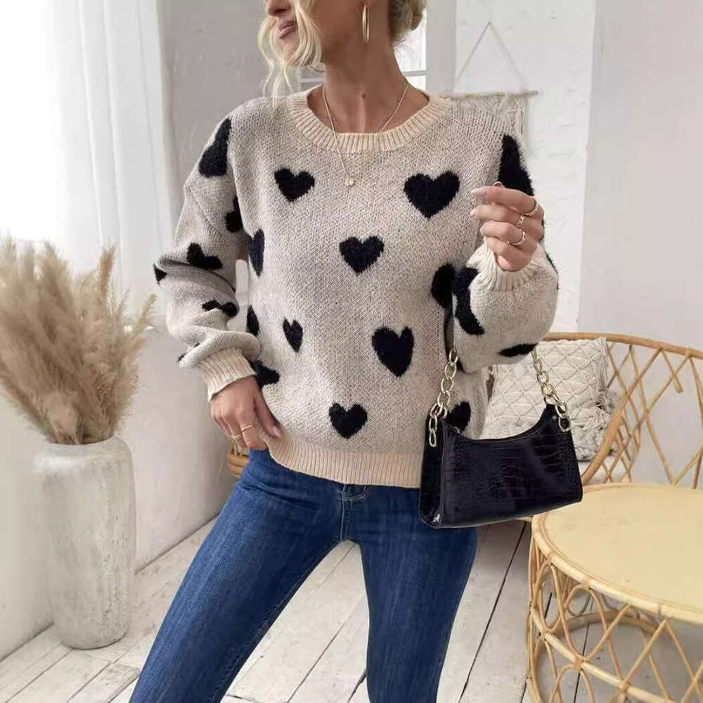 European And American Round Neck Pullover Versatile Love Contrasting Color Loose Casual Knitted Long Sleeved Shirt Slimming Clothes Autumn Women