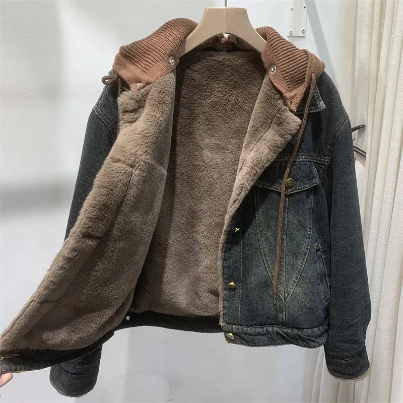 Retro womens winter warm wool lined denim jacket casual streetwear knitted hooded boyfriend style loose fitting coat 241211