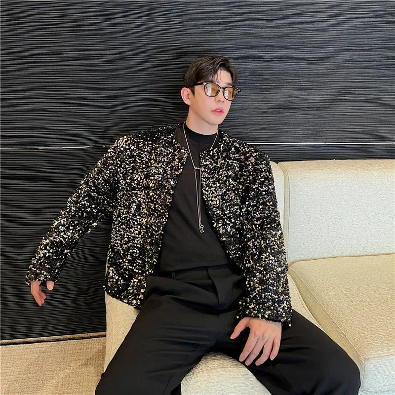 Fall Korean Style fashion short jacket sequin stage display collarless mens special edition 241209