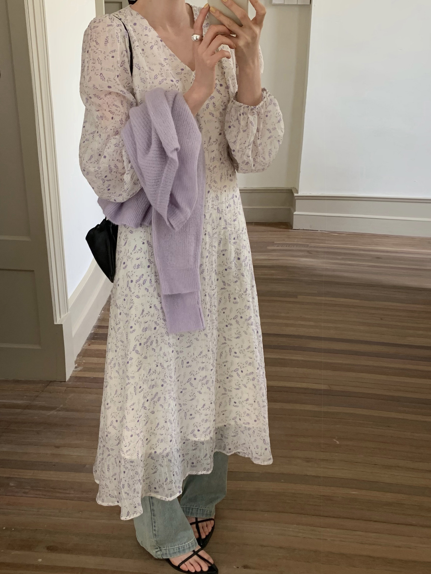 K223 All-match sweet floral dress for women, new spring style, elegant V-neck, long sleeves, slimming long dress