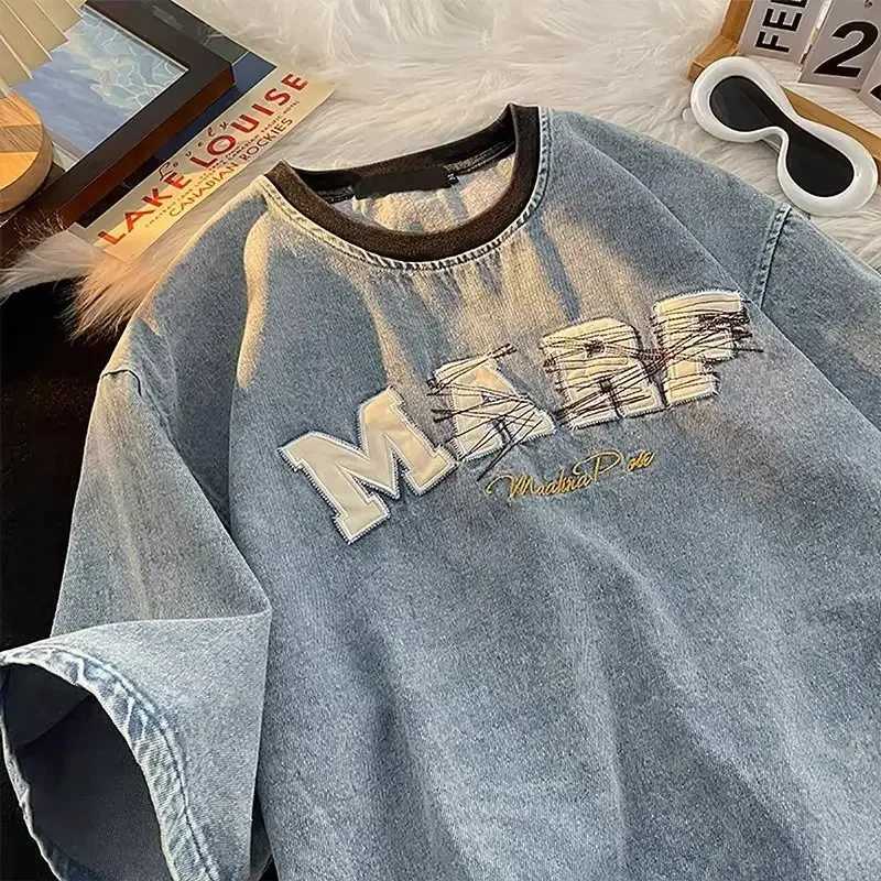 New style washed distressed denim short-sleeved mens loose summer heavy fashion brand pure cotton round neck T-shirt y2k tops W241216