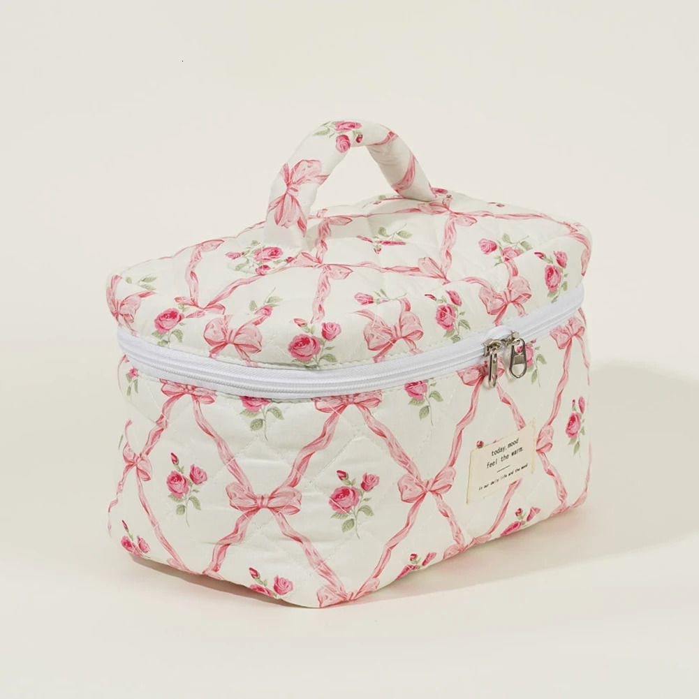 3Pcs Makeup Bag Set Portable Cosmetic Pouch Large Capacity Quilted Coquette Toiletry Bag Aesthetic Cotton for Travel Vacation 241212