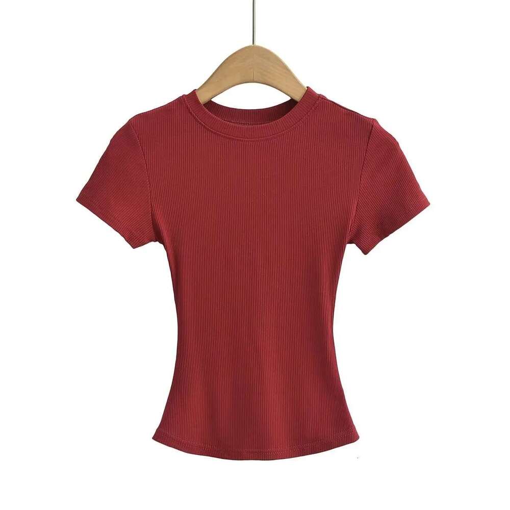 American INS basic elastic slim round neck threaded T-shirt for women's summer high waist tight fit with exposed navel solid color short sleeved 