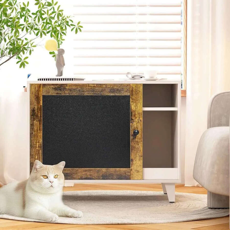 Modern Hidden Cat Litter Box Enclosure Furniture With Scratching Pad, White + Vintage Color Door Frame