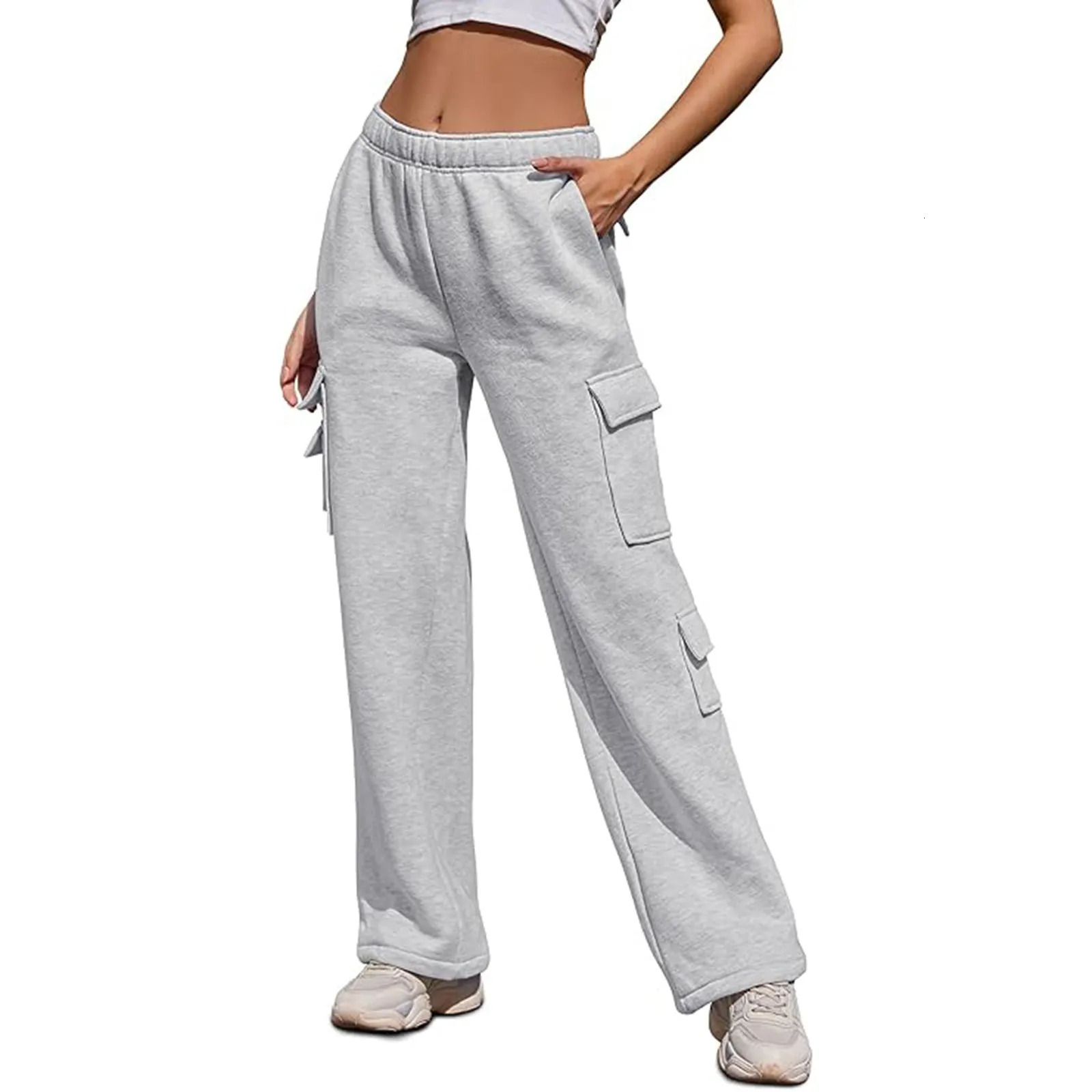 Fall Winter Womens Cargo Casual Pants Baggy Wide Leg Fleece Lined Sweatpant High Waisted Joggers Trouser With Pockets 241212