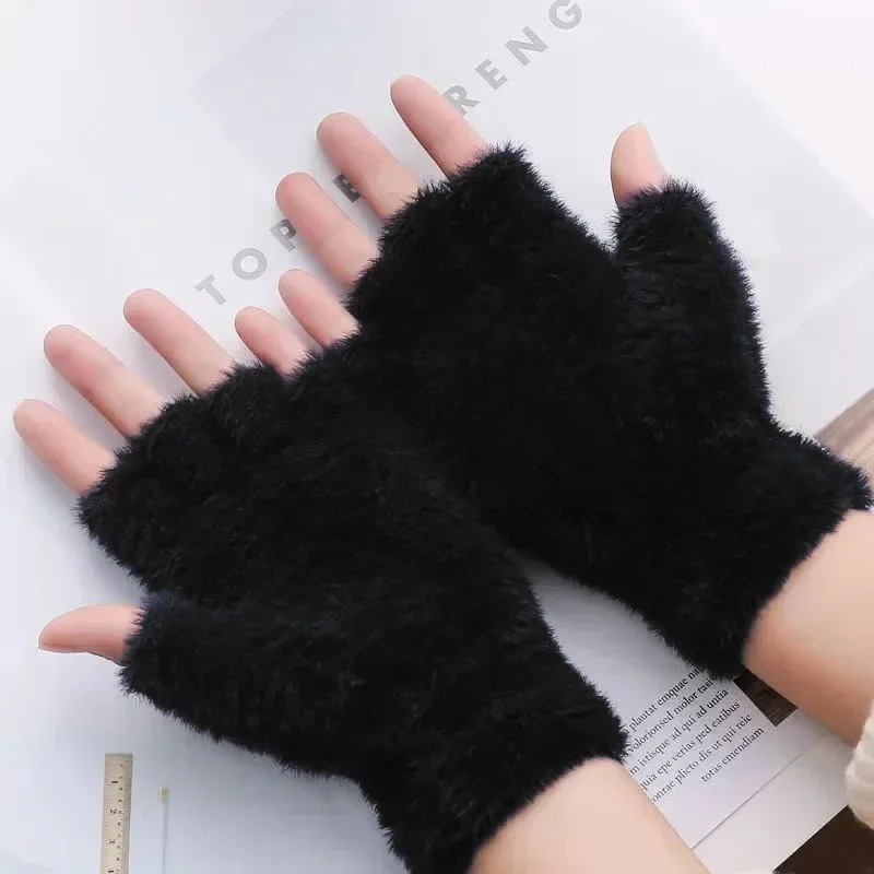 Womens half finger winter simulated mink cashmere gloves touch screen writing wool warm sports 241212
