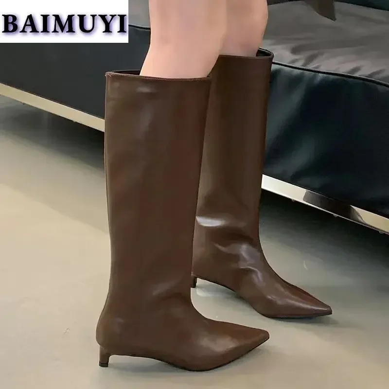 Women High Boots Pointed Toe Heels Shoes Winter Snow Woman 2024 Trend Soft Leather Goth Party Slip-On Botas Mujer