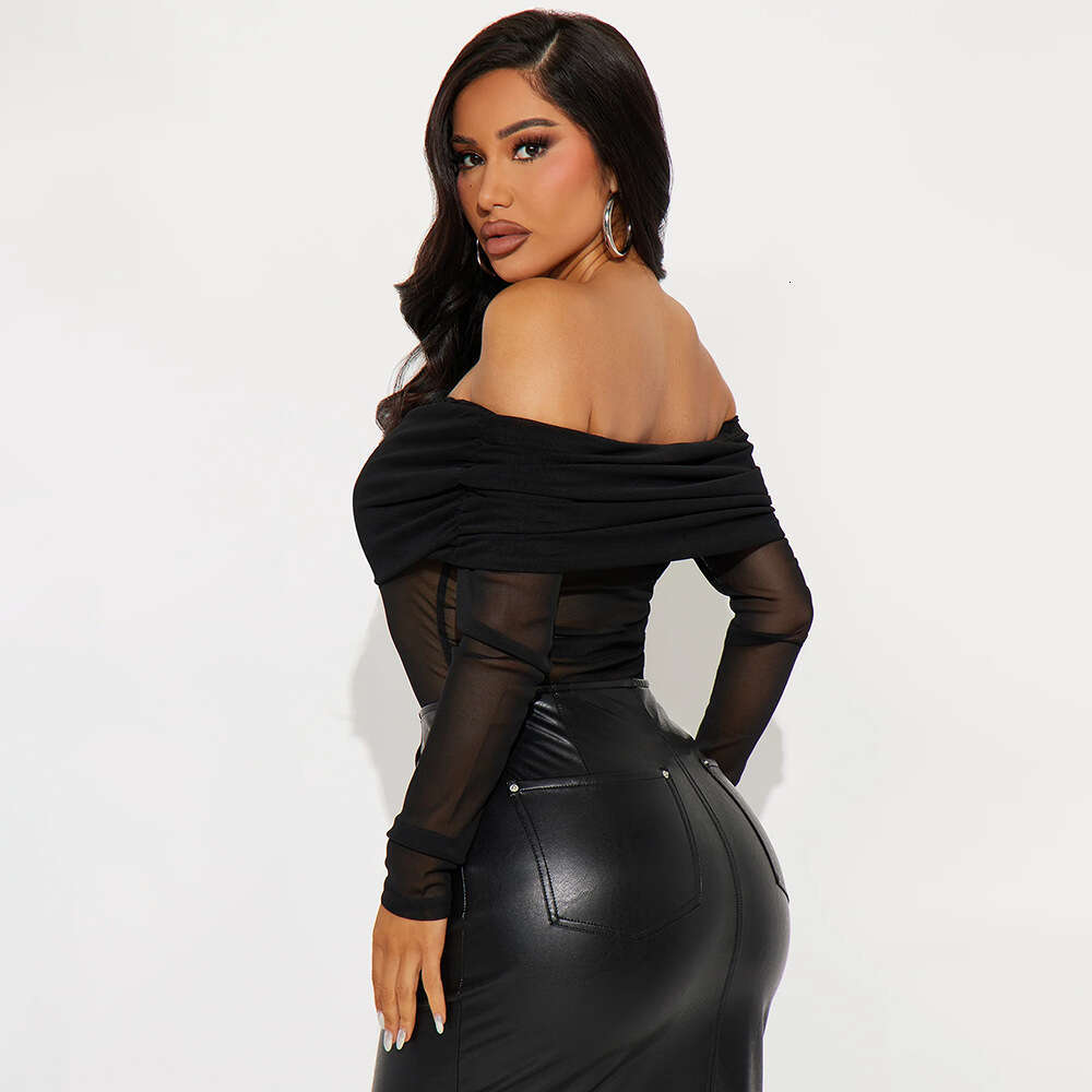Spring Summer European And American Fashion Spicy Girl Style Top Plus Size Women's Clothing Strapless Mesh Semi Transparent Long Sleeved T-Shirt 