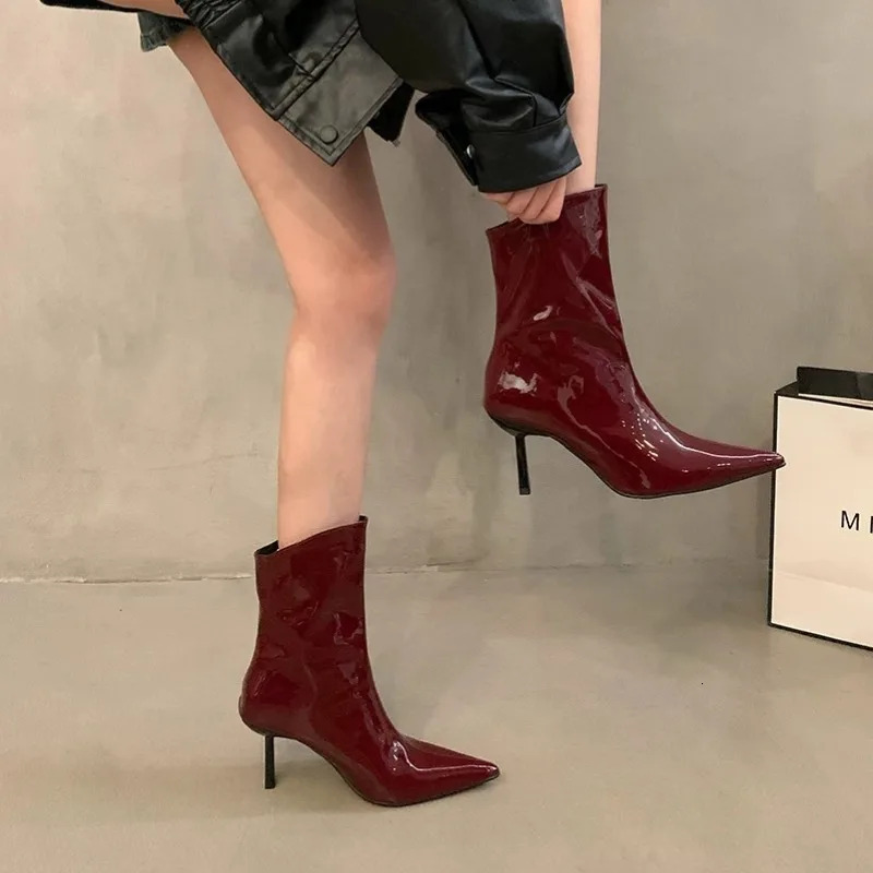 Red Patent Leather Female High Heels 2024 Autumn Sexy Pointed Toe Women's Ankle Boots Solid Color Simple Stiletto Shoes Atos