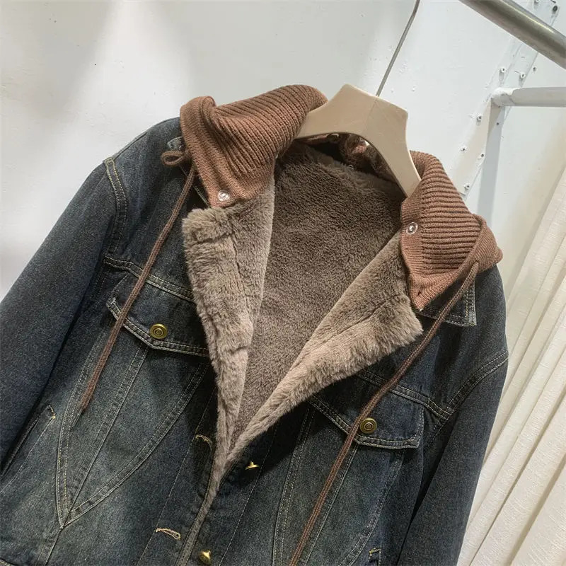 Retro womens winter warm wool lined denim jacket casual streetwear knitted hooded boyfriend style loose fitting coat 241211