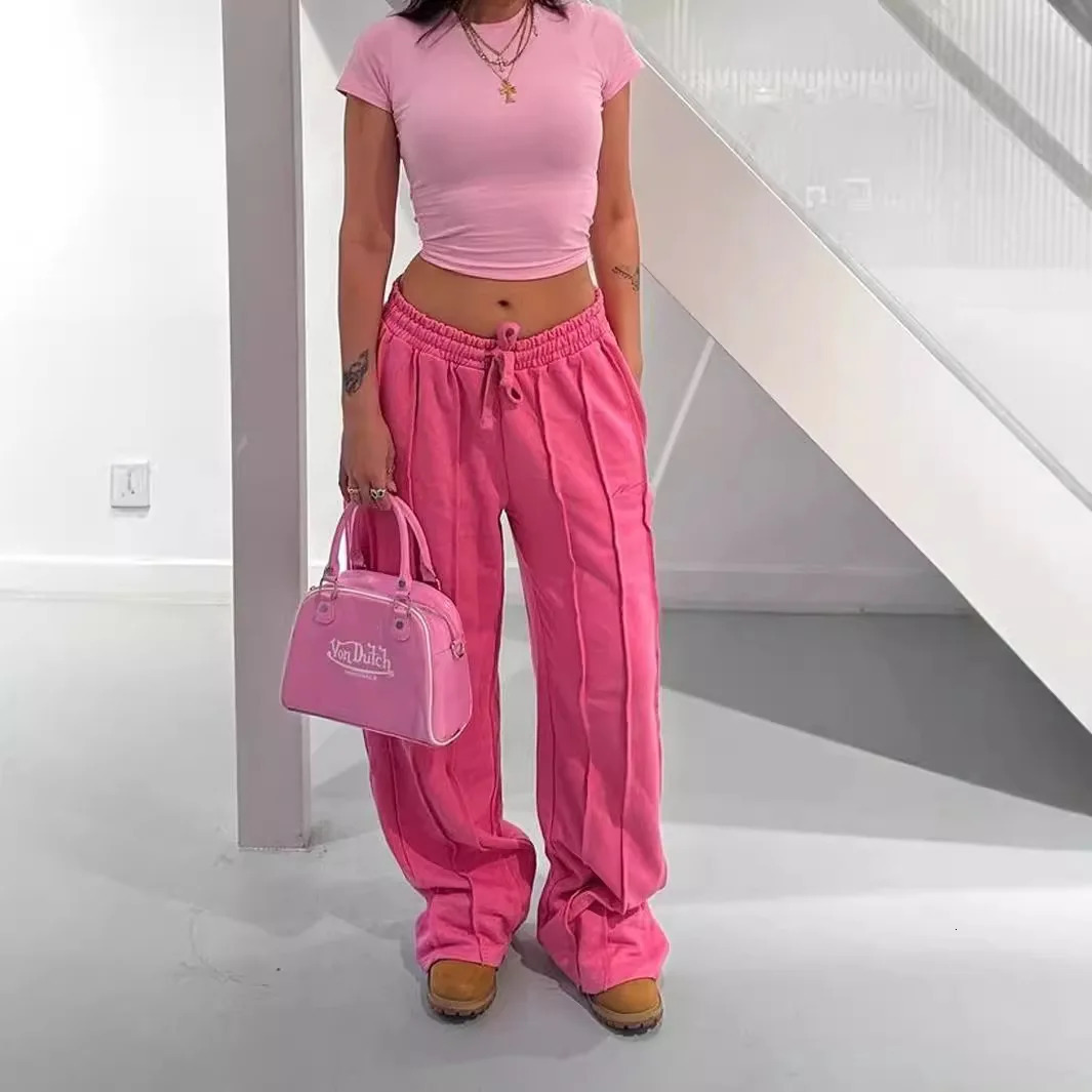 Womens Y2k elastic brushed straight leg pants casual high waisted wide lounge sports street Trousers 2024 241212
