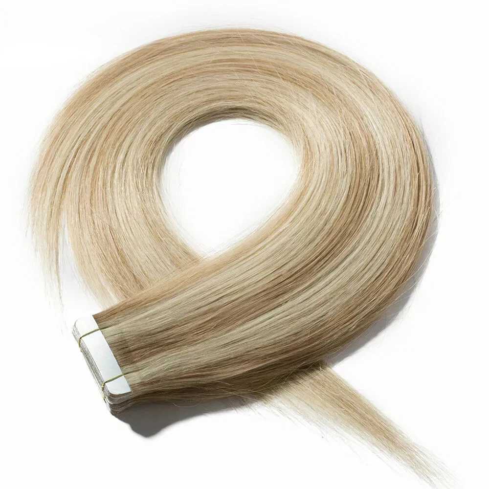 Invisible Seamless Tape In Hair Extensions Real Human Hair Ash Blonde Highlights 16-26 Inch Injection Hair Extensions Tape InsXJ241216