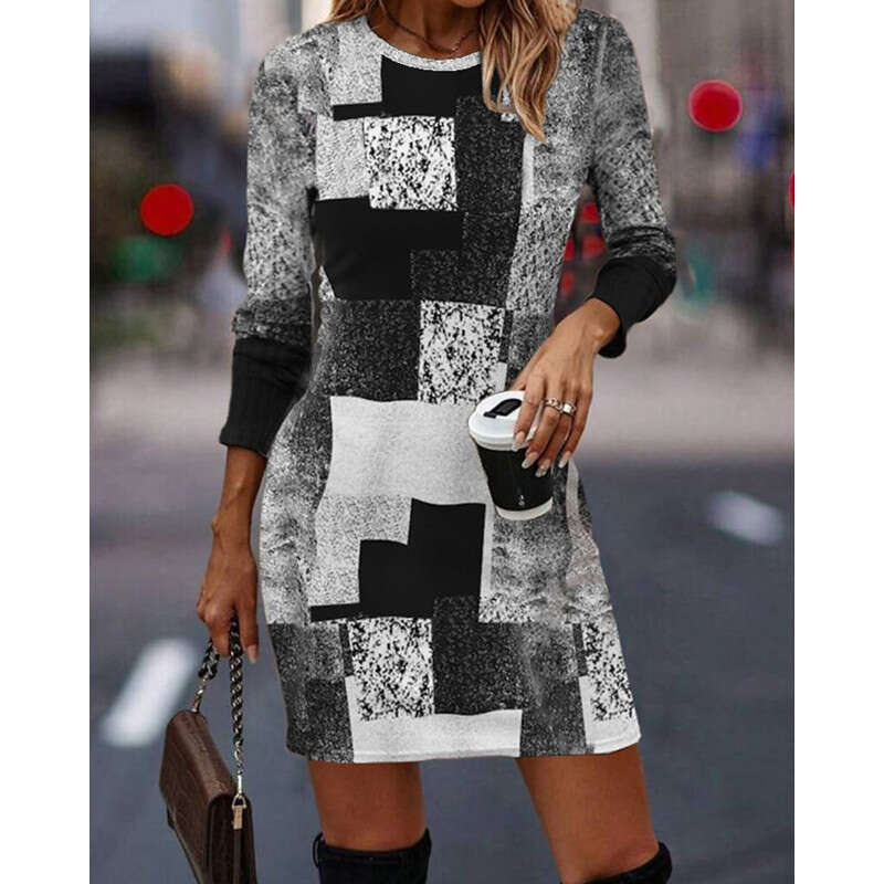 European American Spring and Autumn Geometric Printed Round Neck Long Sleeve Dress 2024 New Casual Versatile Fashion Clothing