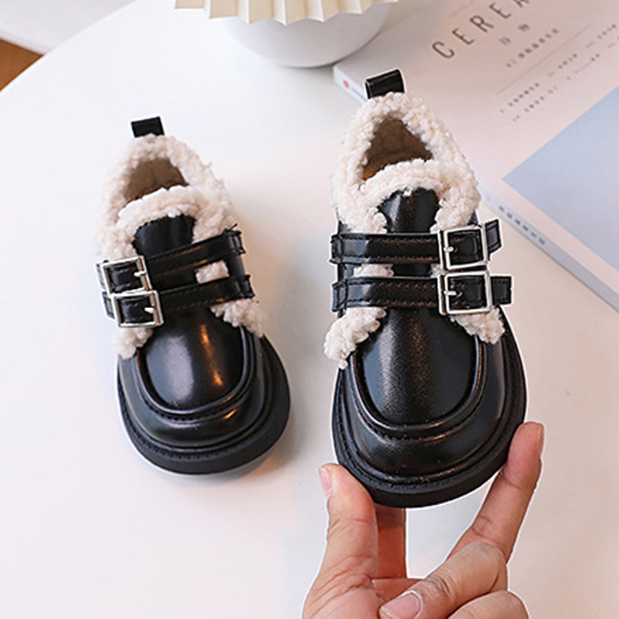 Children Leather Shoes Loafers for Boys Girls Winter Thick Soled Lamb Wool Warm Happysteps Girl Uniform Princess School Cotton Shoes Plush PU Sizes US