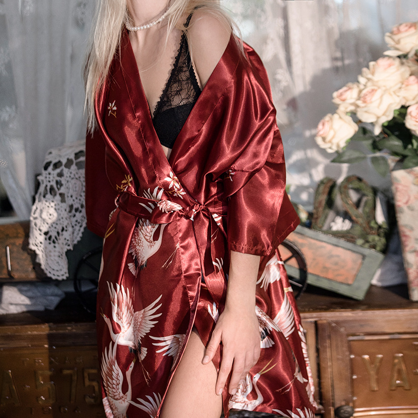 B459-Crane pajamas for women Summer and autumn bridal morning robes Imitation silk large size nightgown for women Ice silk bathrobe autumn suit