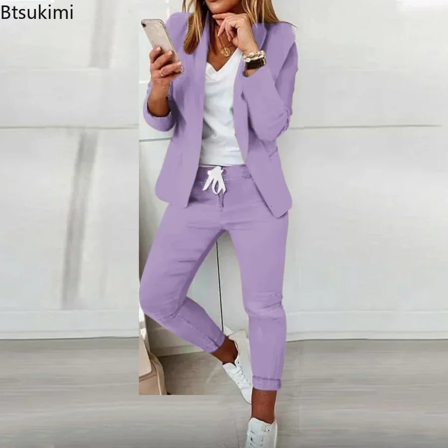 2025 Womens Two Piece Office Set Ultra Thin Jacket and Pants with Pocket Collar 2PCS Tracksuit 241212