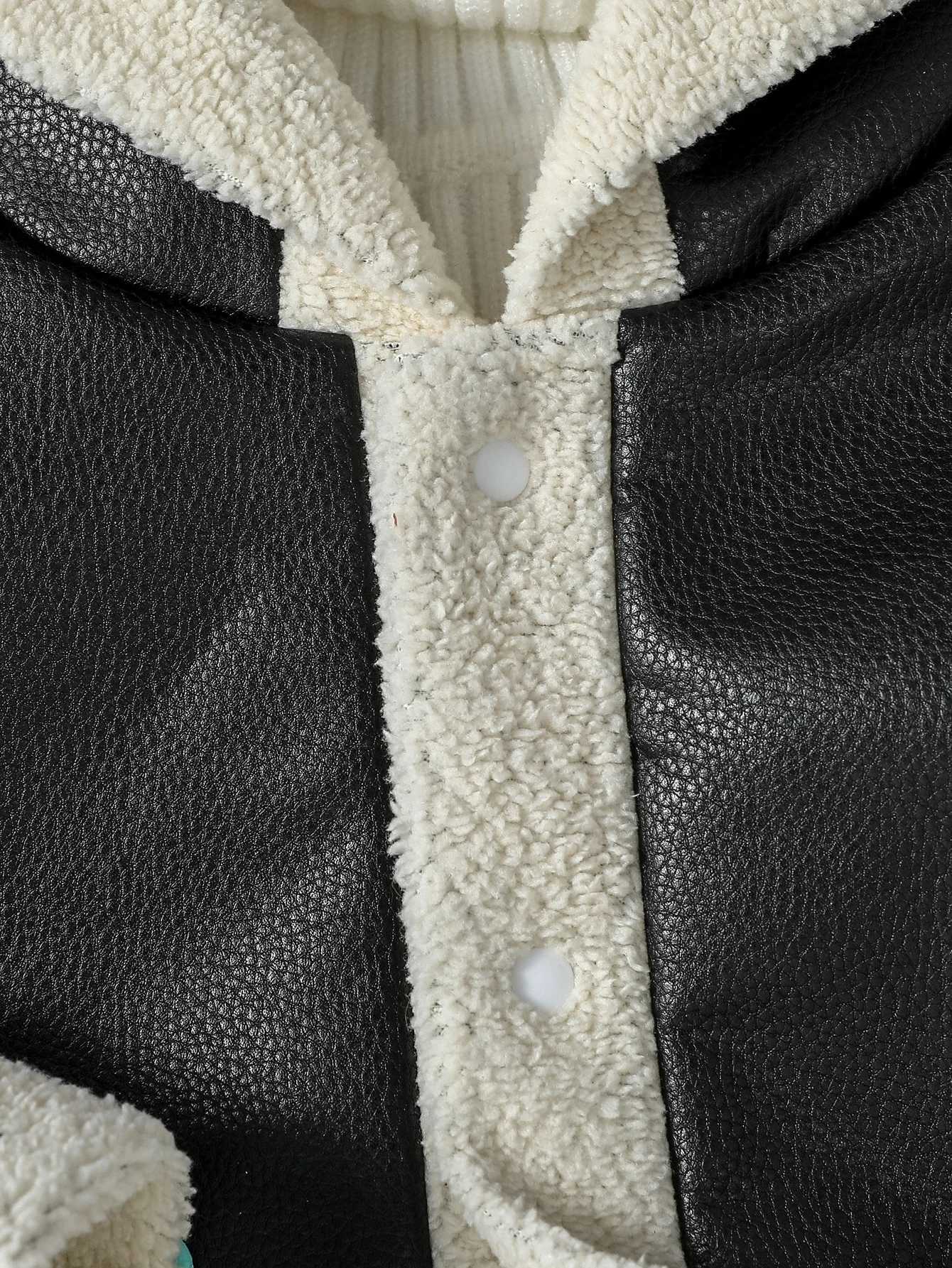 Baby Boys Winter 2024 New Sle Open Stitch Hoodie Leather Jacket Plush With Pocket For 9M-4Y Kids Outdoor WearXJ241214